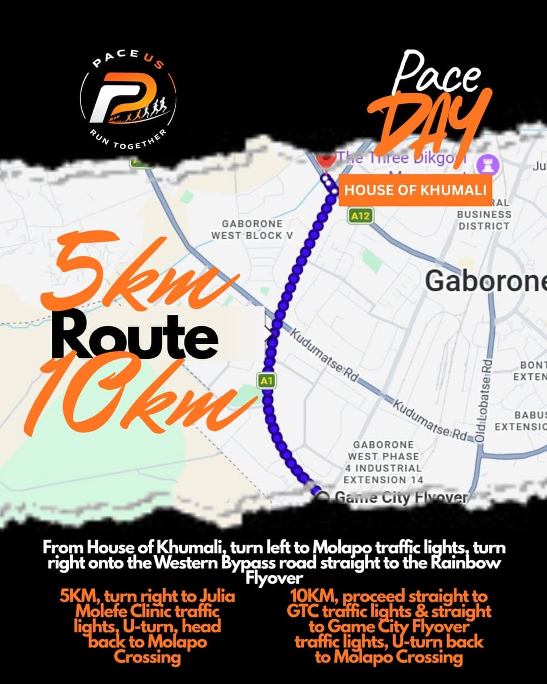 Map of the 5km and 10km Pace Day routes through Gaborone