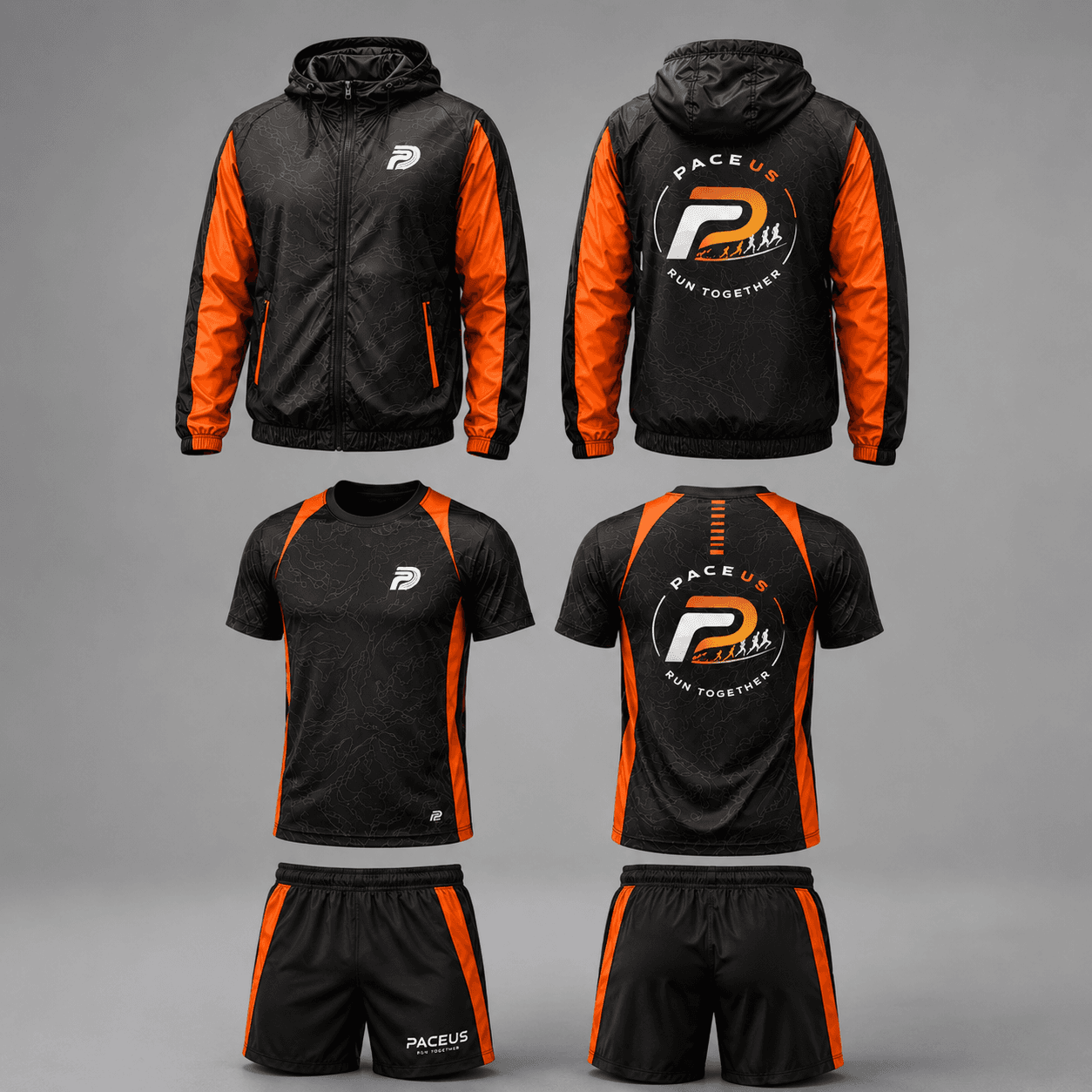 The full Pace Us Run Club kit — Jacket · T-Shirt · Shorts, front and back